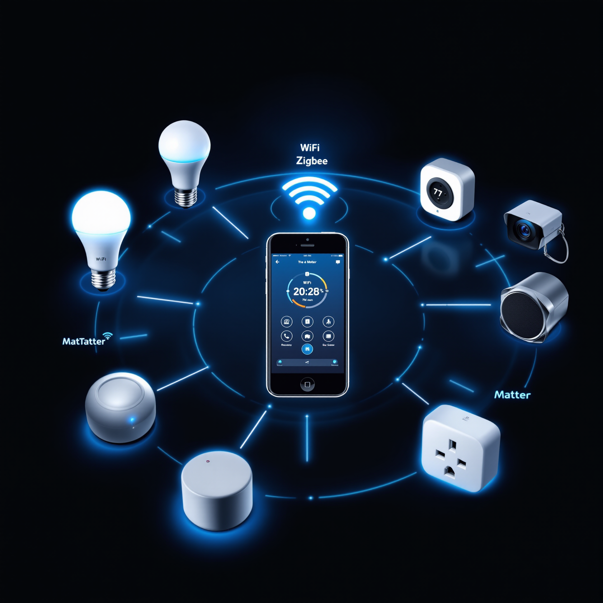 Různá smart zařízení od různých výrobců propojená do jednoho systému pomocí Matter a Zigbee protokolů